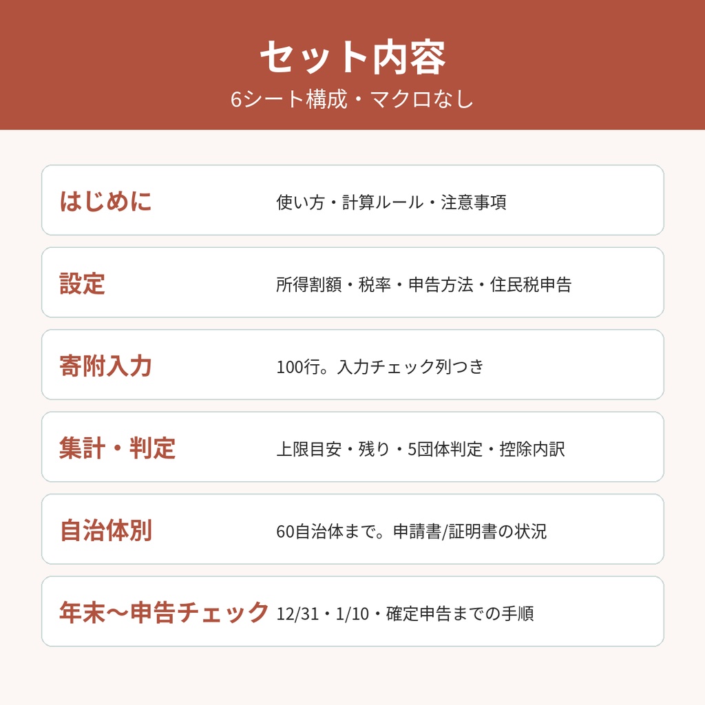 【2026年分】ふるさと納税 管理&控除上限シート|上限の目安・5団体判定・申請書の出し忘れチェック【xlsx・マクロなし】