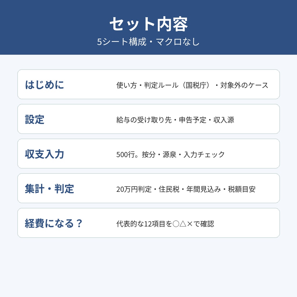 【2026年分】副業 20万円判定&収支管理シート|会社員の確定申告・住民税申告の要否の目安を表示【xlsx・マクロなし】