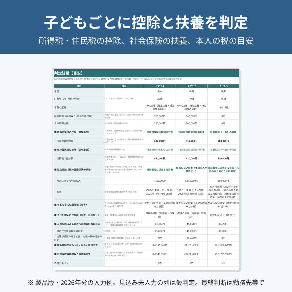 大学生の子のバイト年収で扶養どうなる?判定シート|特定扶養・特定親族特別控除と社会保険の扶養の目安(2025・2026年分)【xlsx・マクロなし】