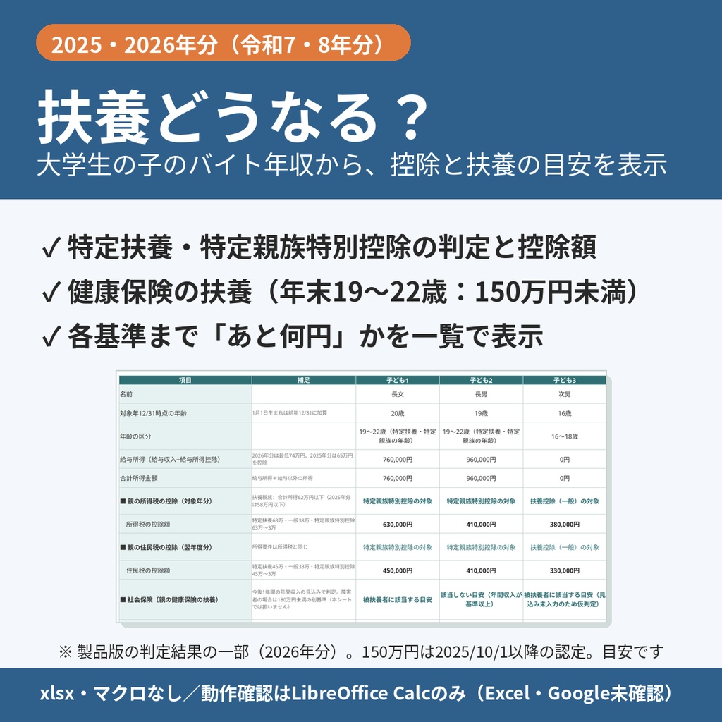 大学生の子のバイト年収で扶養どうなる？判定シート｜特定扶養・特定親族特別控除と社会保険の扶養の目安（2025・2026年分）【xlsx・マクロなし】
