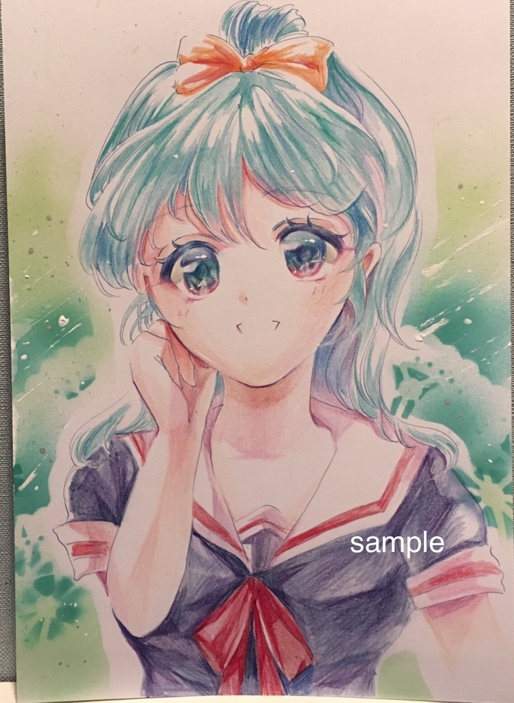 ハンドメイド手描きイラスト 水彩画 原画 緑色髪の毛の女の子 - アート ...