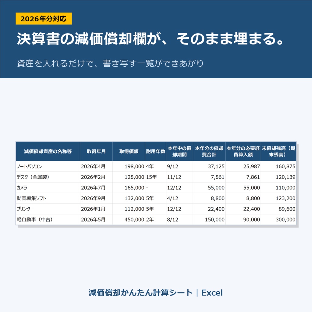 【2026年分】減価償却かんたん計算シート｜Excel｜パソコン・機材の減価償却を自動計算（マクロなし）