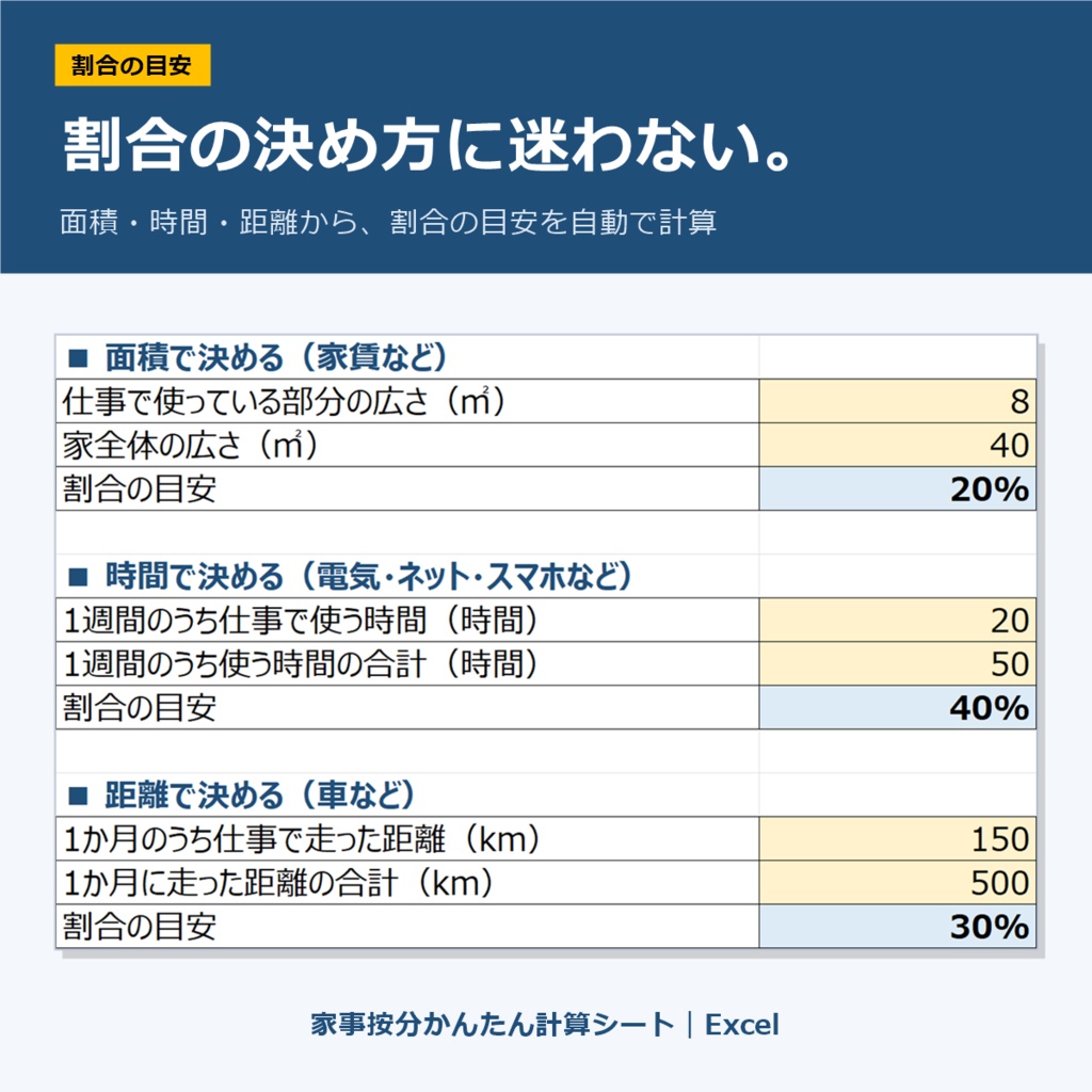 家事按分かんたん計算シート|Excel|家賃・電気・ネット代・スマホ代の経費を計算(在宅ワーク・マクロなし)