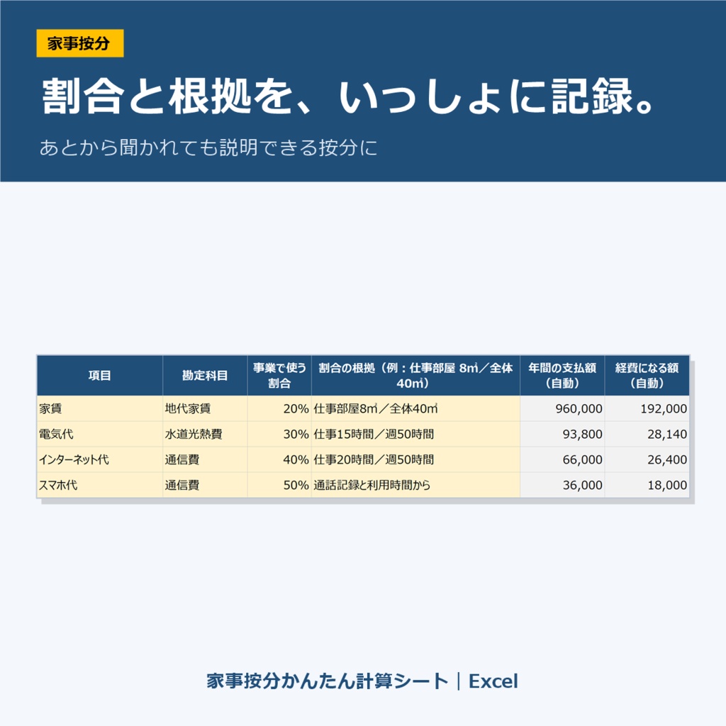 家事按分かんたん計算シート|Excel|家賃・電気・ネット代・スマホ代の経費を計算(在宅ワーク・マクロなし)
