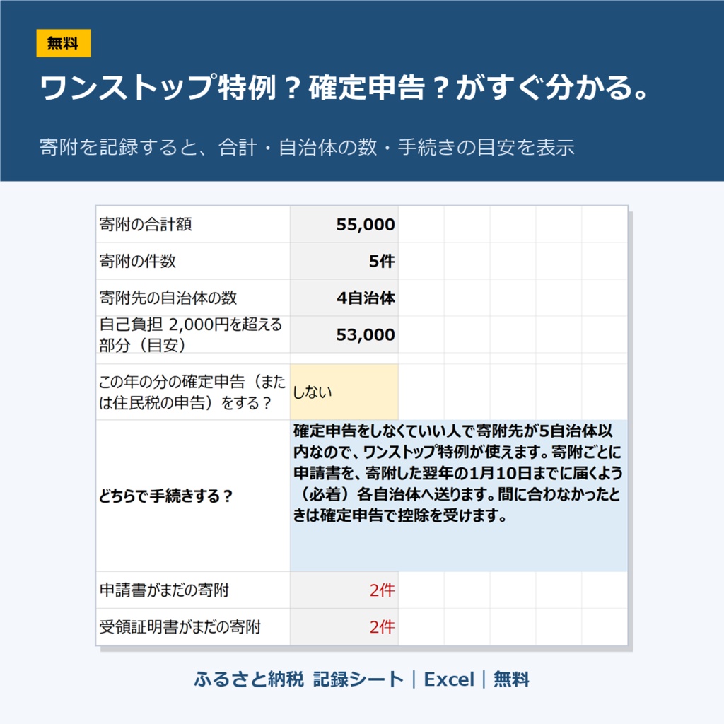 【無料】ふるさと納税 記録シート｜Excel｜ワンストップ特例か確定申告かの目安・自治体の数を自動で（マクロなし）