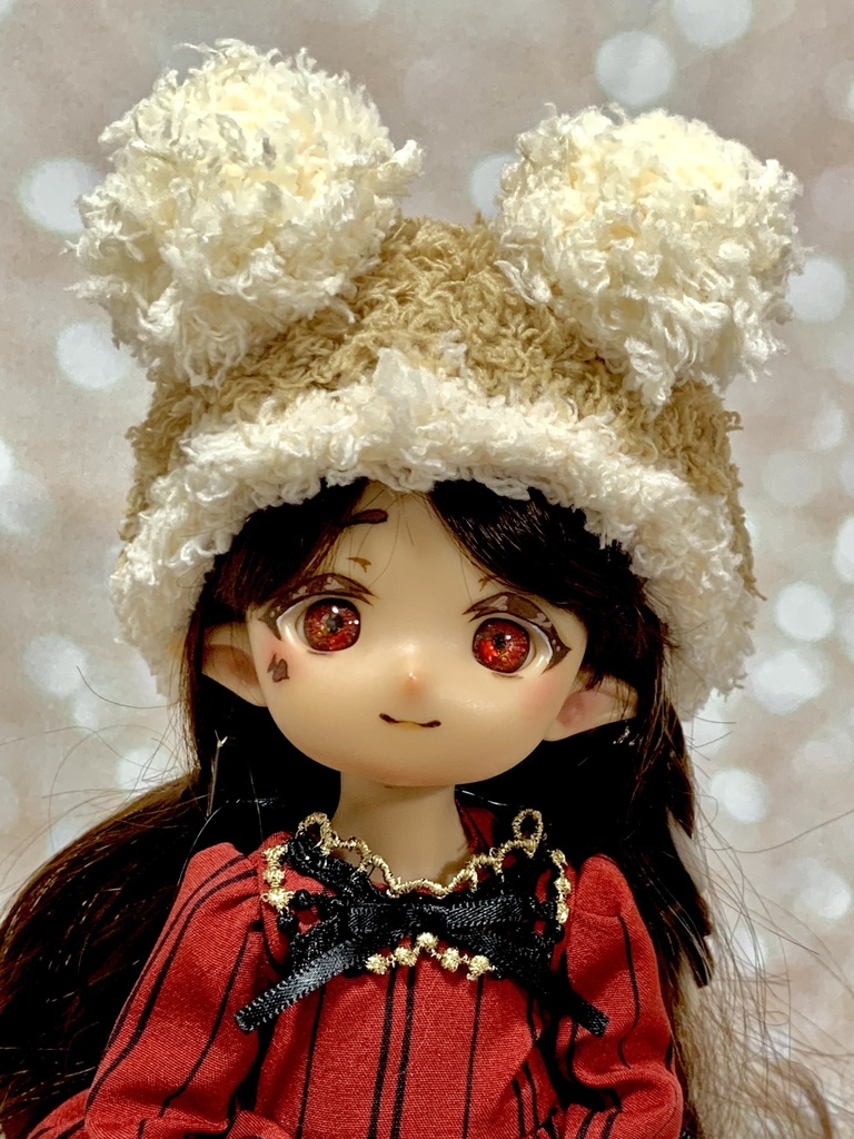 ドールニット帽【ポンポンくま】7〜9インチ