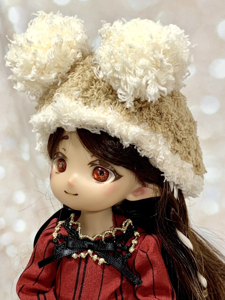 ドールニット帽【ポンポンくま】7〜9インチ