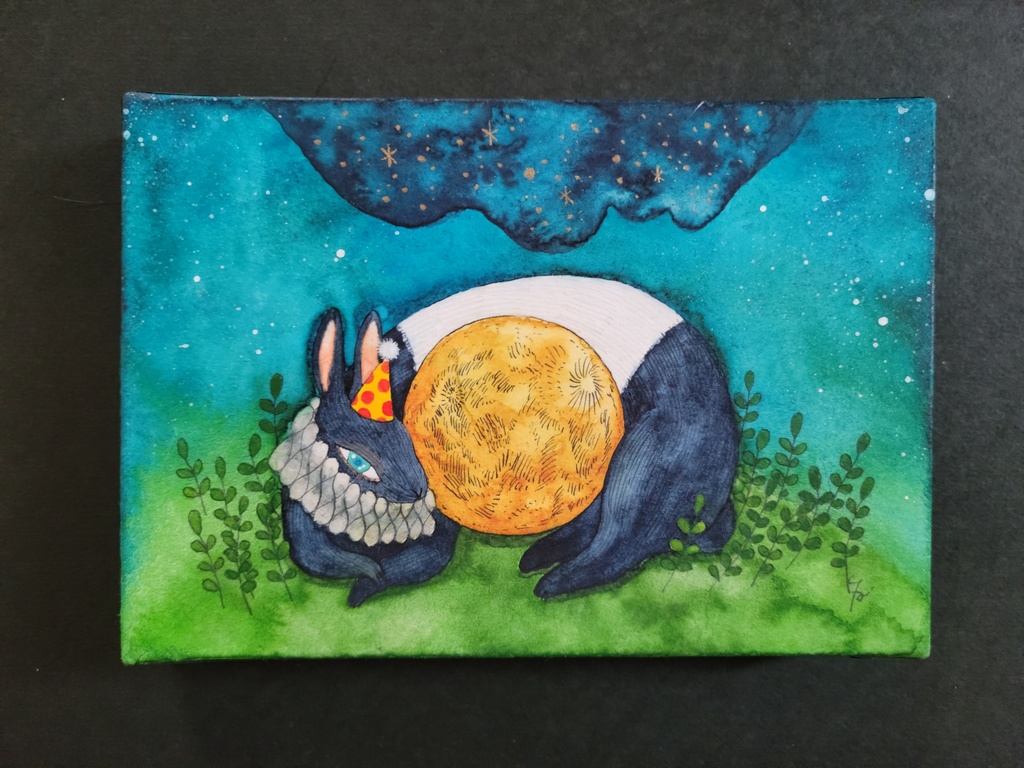 原画「月を抱く道化(ウサギ)」