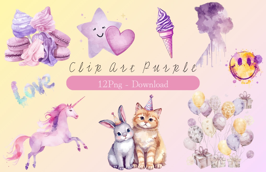 ふんわり水彩・手描き風デザイン素材集 (パステル紫)