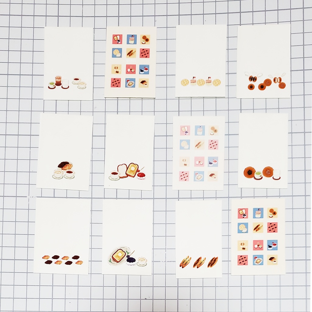 ひと言描き込める小さなインデックスシール(✏文房具、🍙お米、🍞パン、🍜麺)