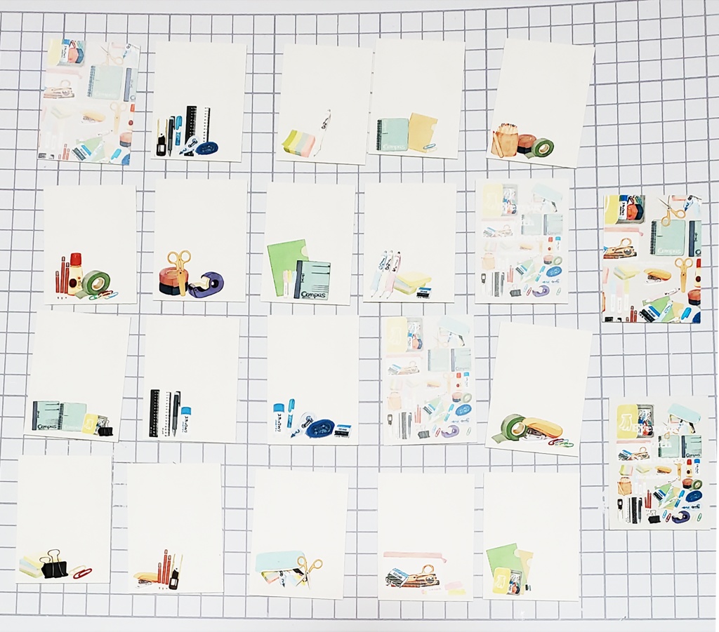 ひと言描き込める小さなインデックスシール(✏文房具、🍙お米、🍞パン、🍜麺)