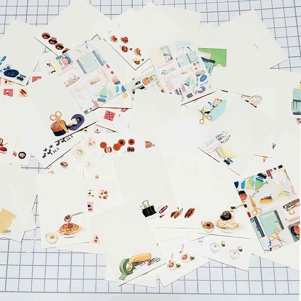 ひと言描き込める小さなインデックスシール(✏文房具、🍙お米、🍞パン、🍜麺)