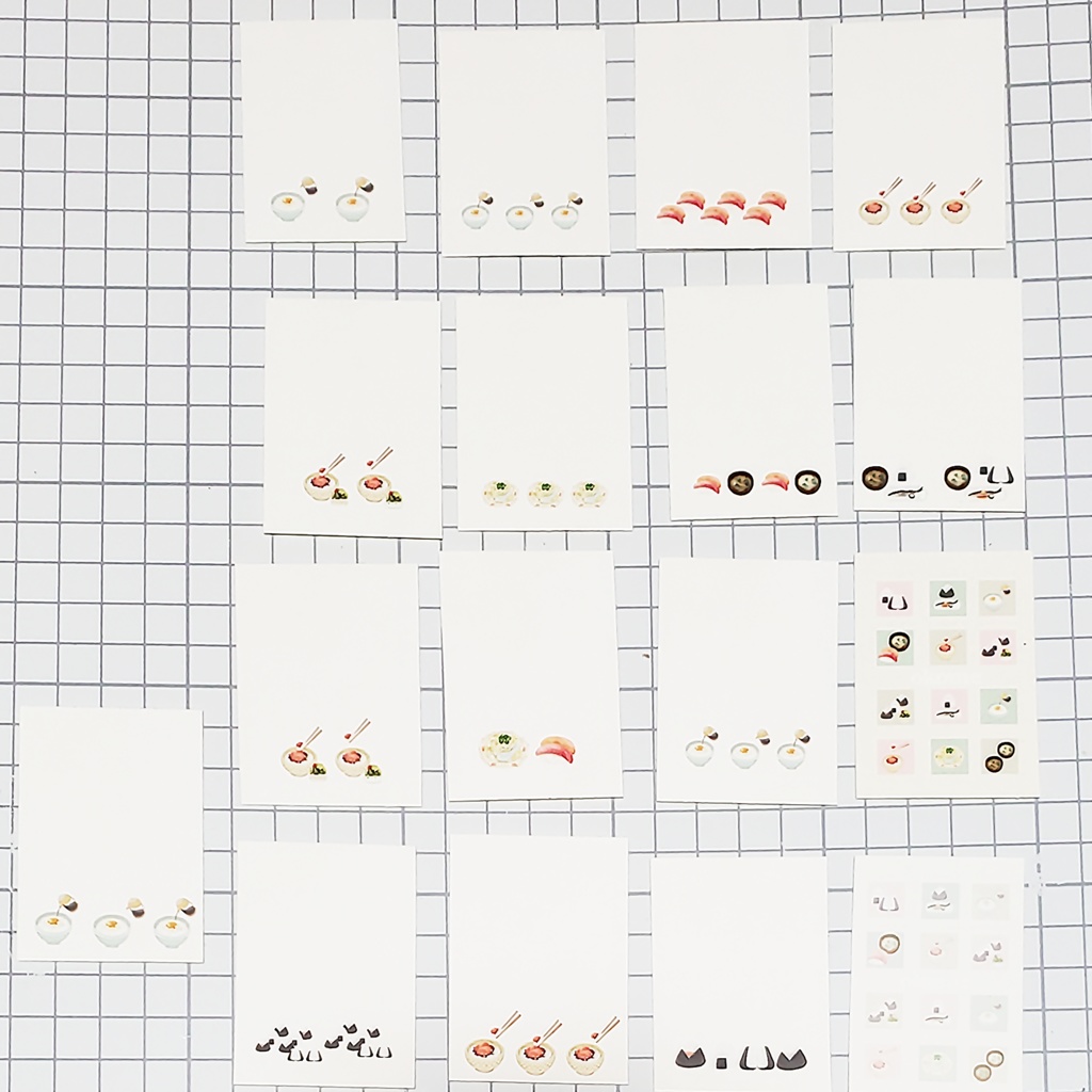 ひと言描き込める小さなインデックスシール(✏文房具、🍙お米、🍞パン、🍜麺)