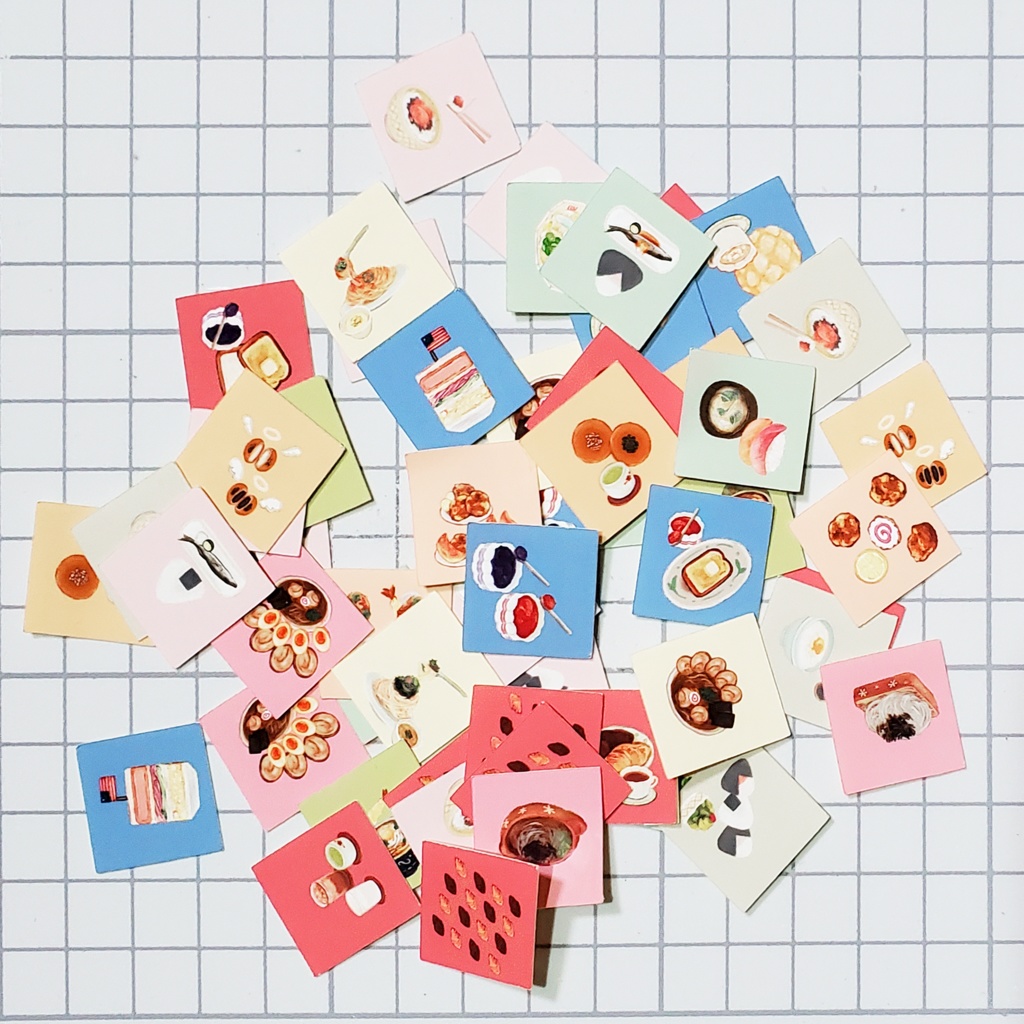 小さくてカラフルなまん丸とスクエアの食べ物シール🍞🍙🍜 36枚 500円 ※手帳、カレンダーにおすすめです…!