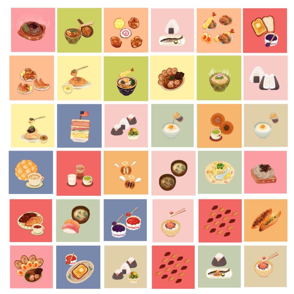 小さくてカラフルなまん丸とスクエアの食べ物シール🍞🍙🍜 36枚 500円 ※手帳、カレンダーにおすすめです…!