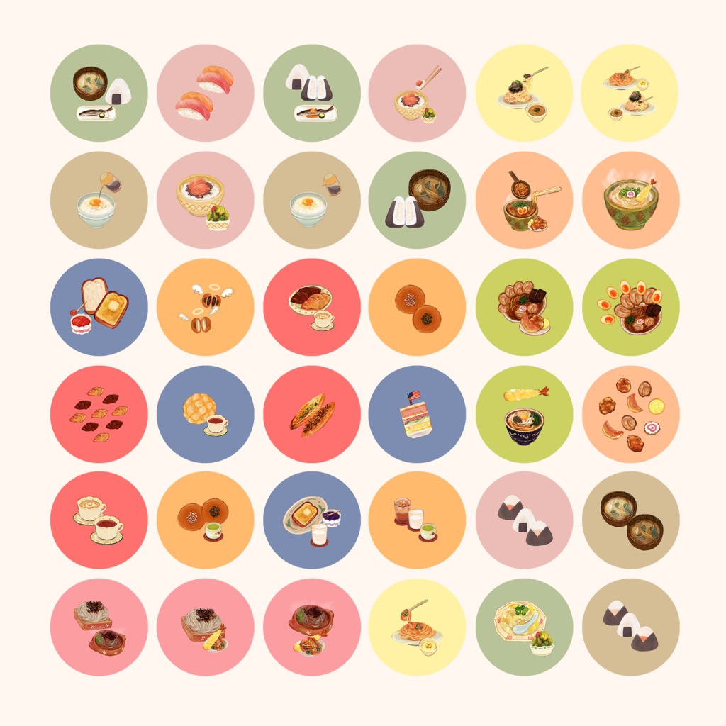 小さくてカラフルなまん丸とスクエアの食べ物シール🍞🍙🍜 36枚 500円 ※手帳、カレンダーにおすすめです…!