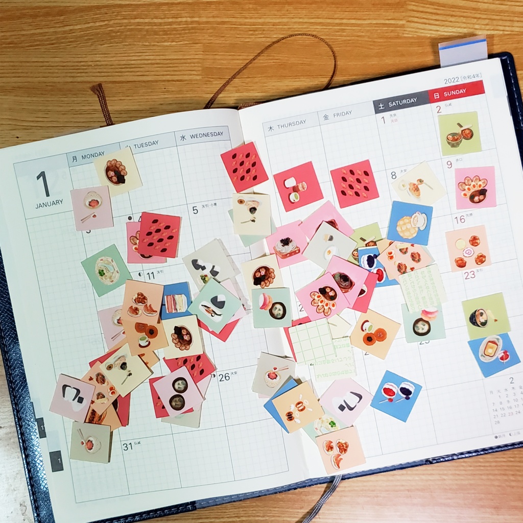 小さくてカラフルなまん丸とスクエアの食べ物シール🍞🍙🍜 36枚 500円 ※手帳、カレンダーにおすすめです…!