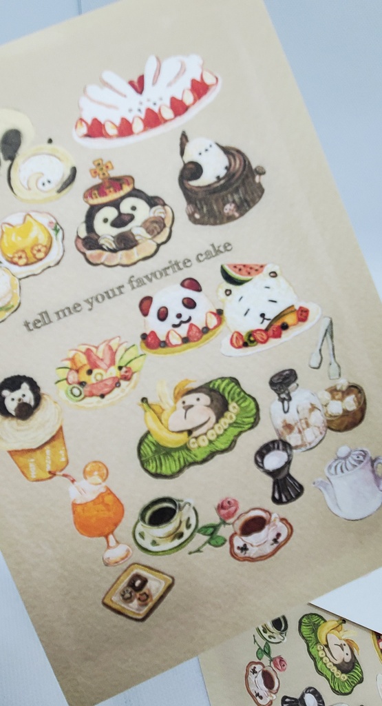 花の和菓子、練り切りとアニマルケーキのイラストカード🌸🐻、文房具のポストカード