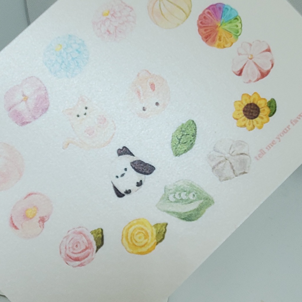 花の和菓子、練り切りとアニマルケーキのイラストカード🌸🐻、文房具のポストカード