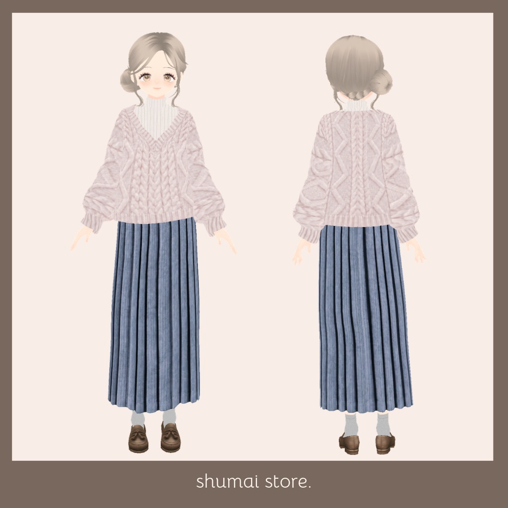 ケーブルニットとプリーツロングスカート【Vroid衣装】