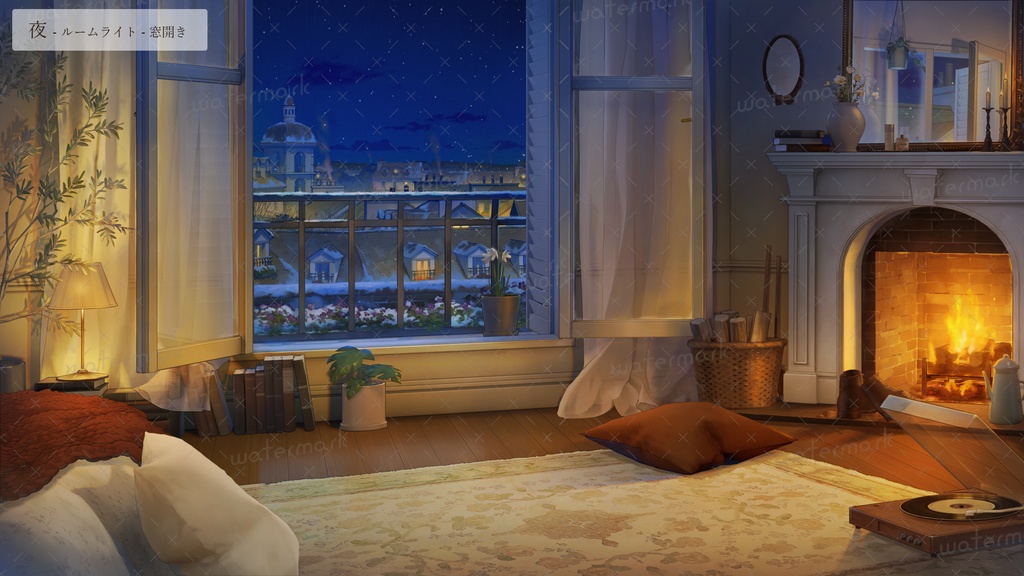 【動く背景素材】暖炉の灯るあたたかい部屋