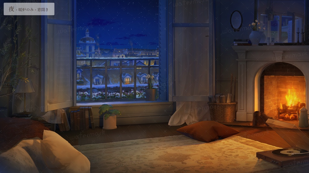 【動く背景素材】暖炉の灯るあたたかい部屋