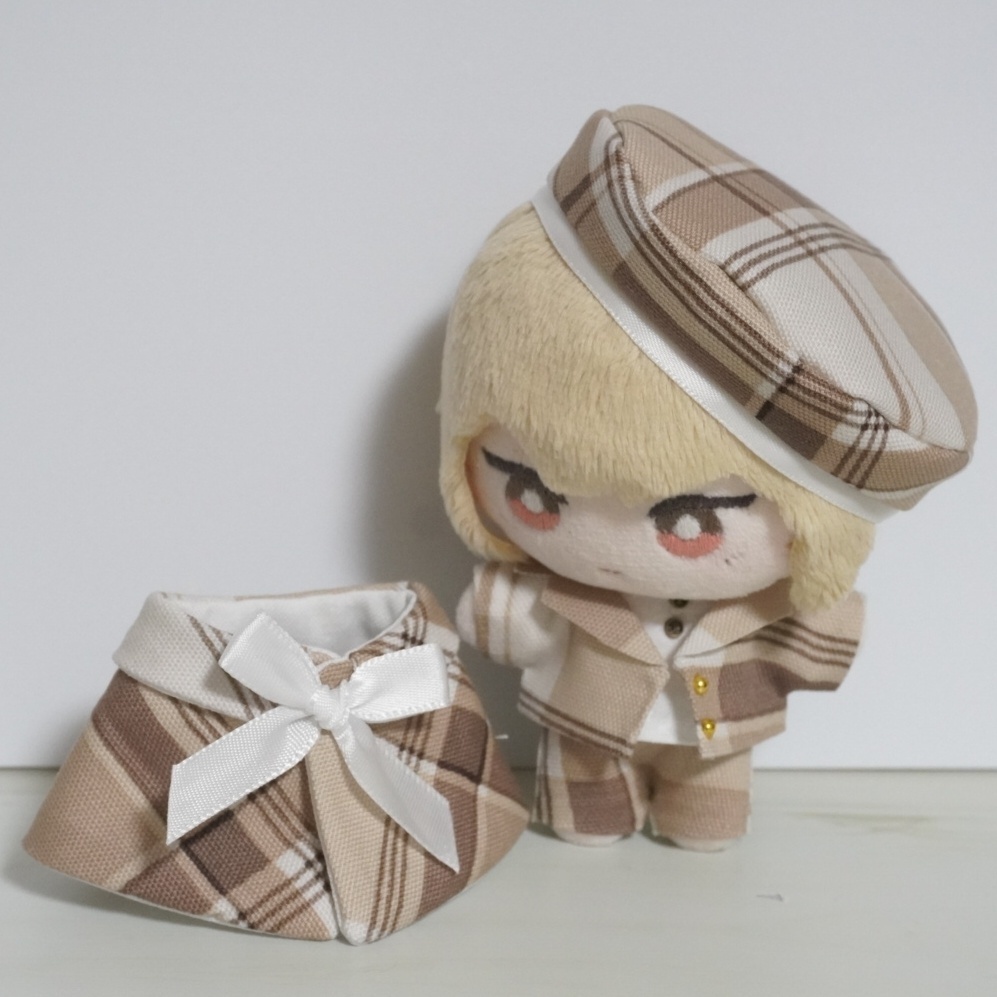 10~12cmぬい服 ライトチェックケープ+ベレー帽セット
