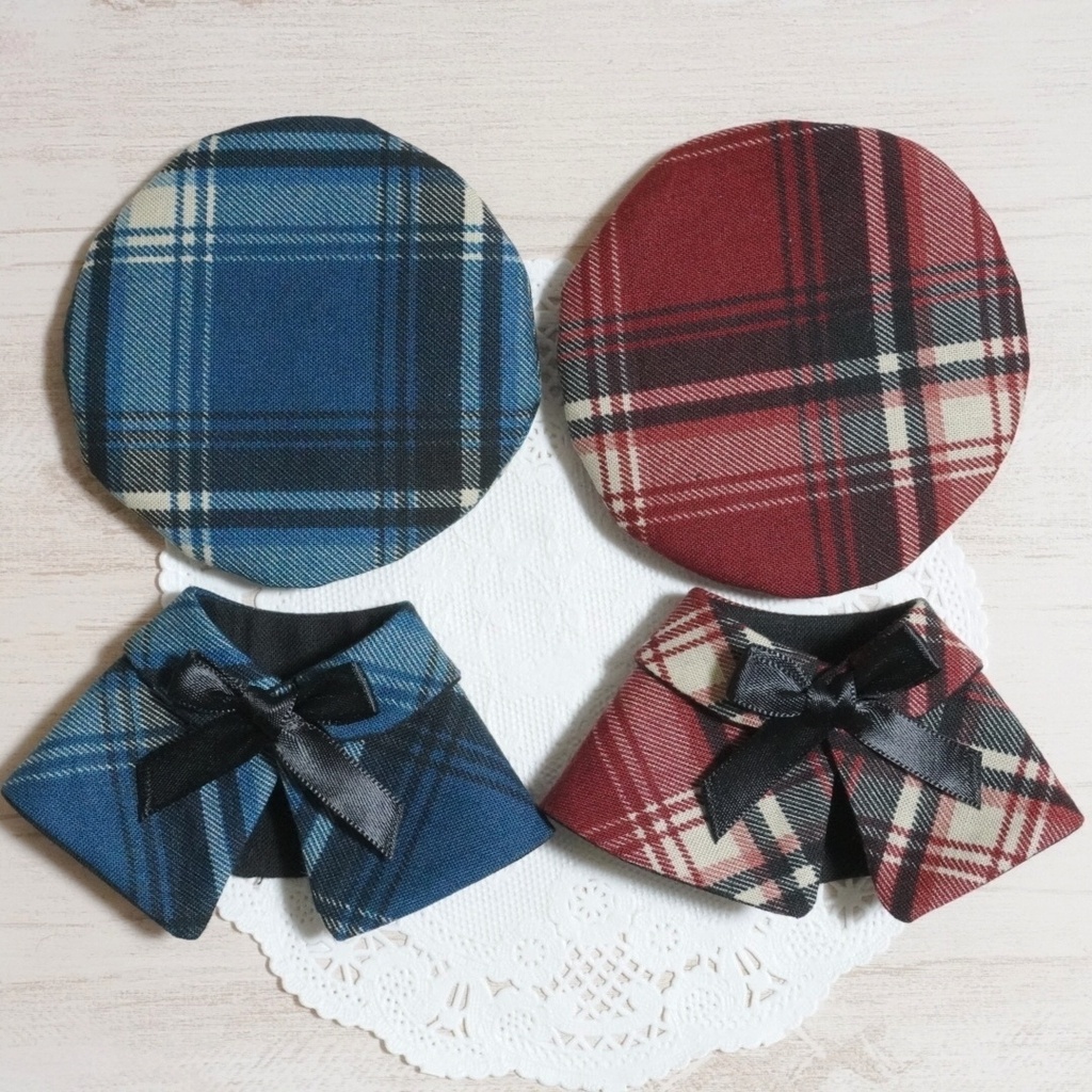 10cm〜12cmぬい服 秋色チェックケープ+ベレー帽セット