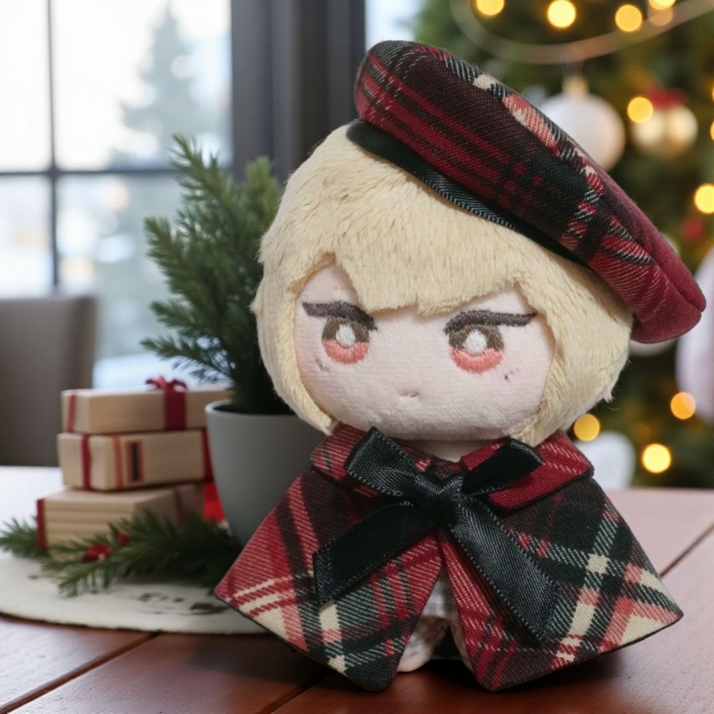 10cm〜12cmぬい服 秋色チェックケープ+ベレー帽セット