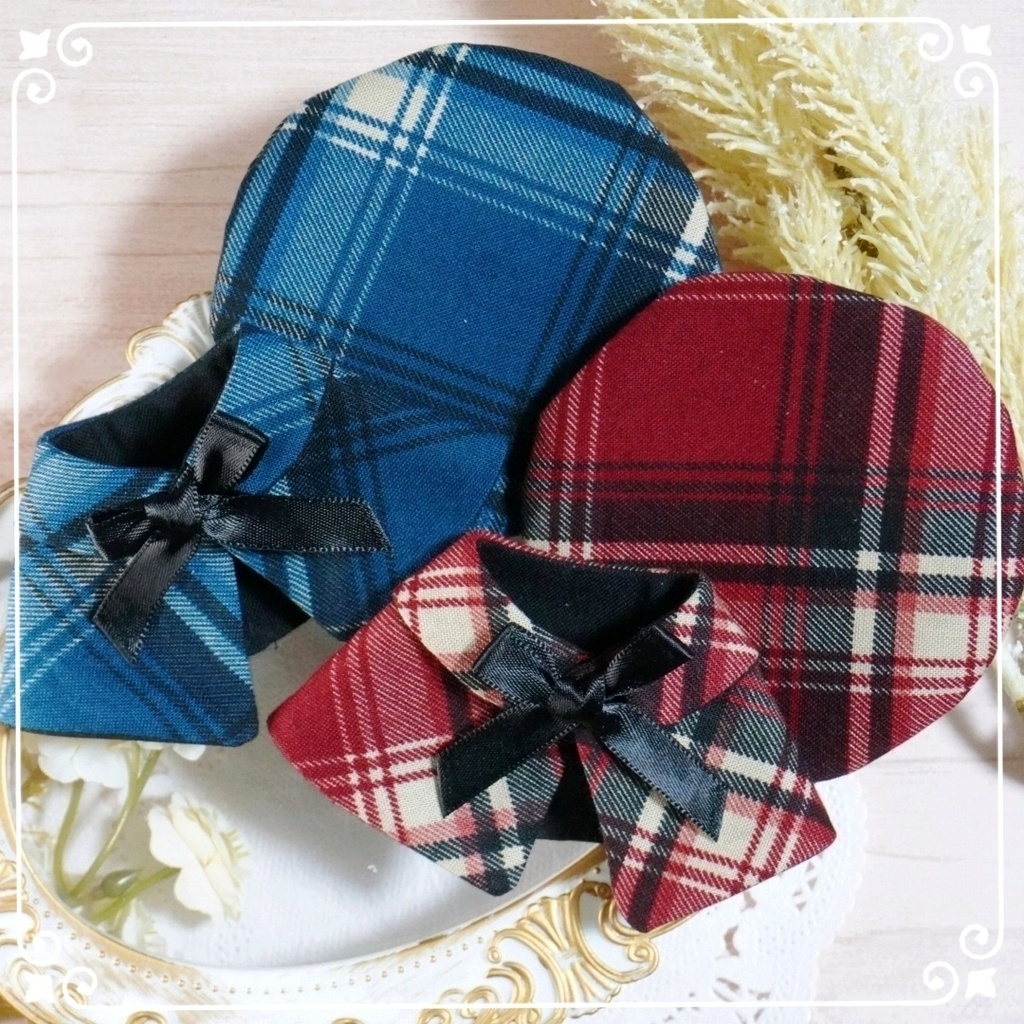 10cm〜12cmぬい服　秋色チェックケープ+ベレー帽セット