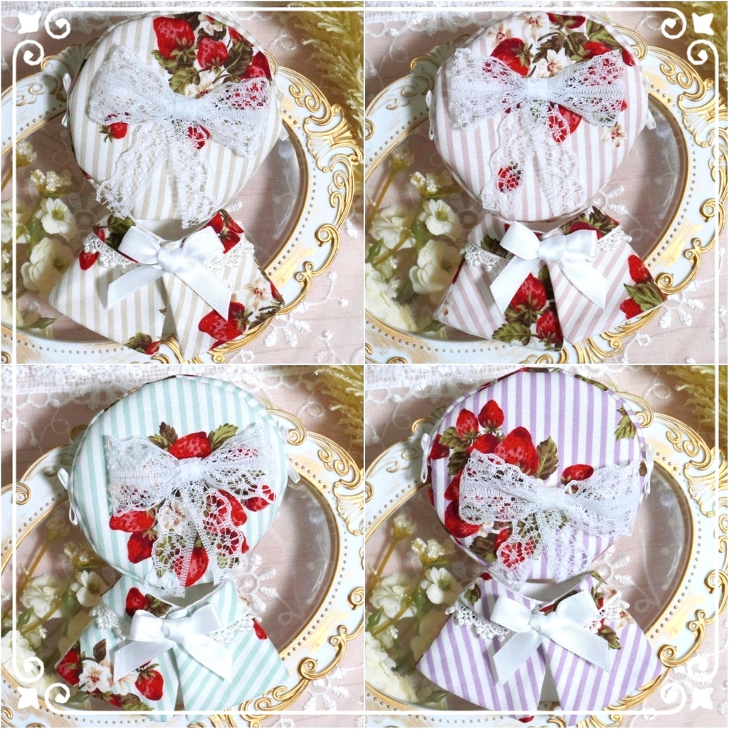 10cm〜12cmぬい服　ストロベリーストライプケープ+サイドリボンベレー帽セット
