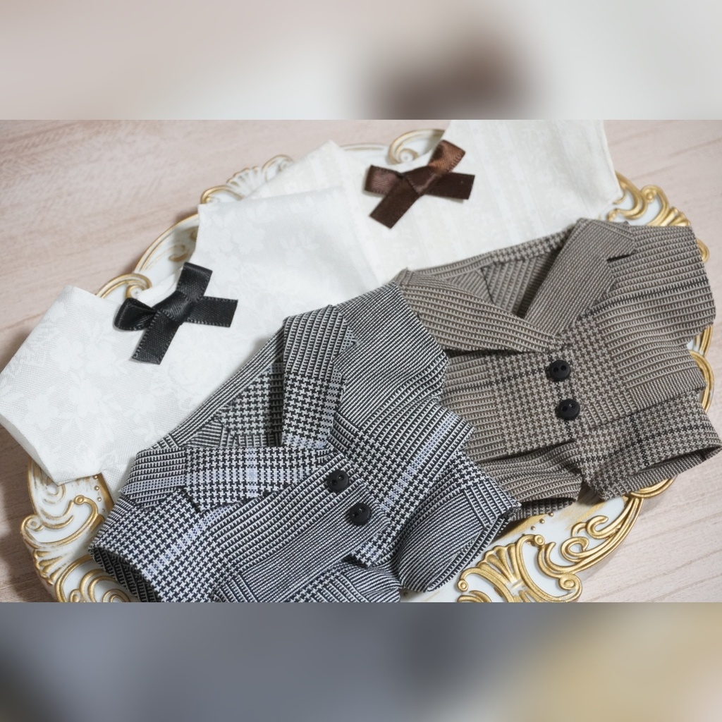 15cmぬい服 グレンチェックスーツ+リボンシャツ(パンツ追加選択)