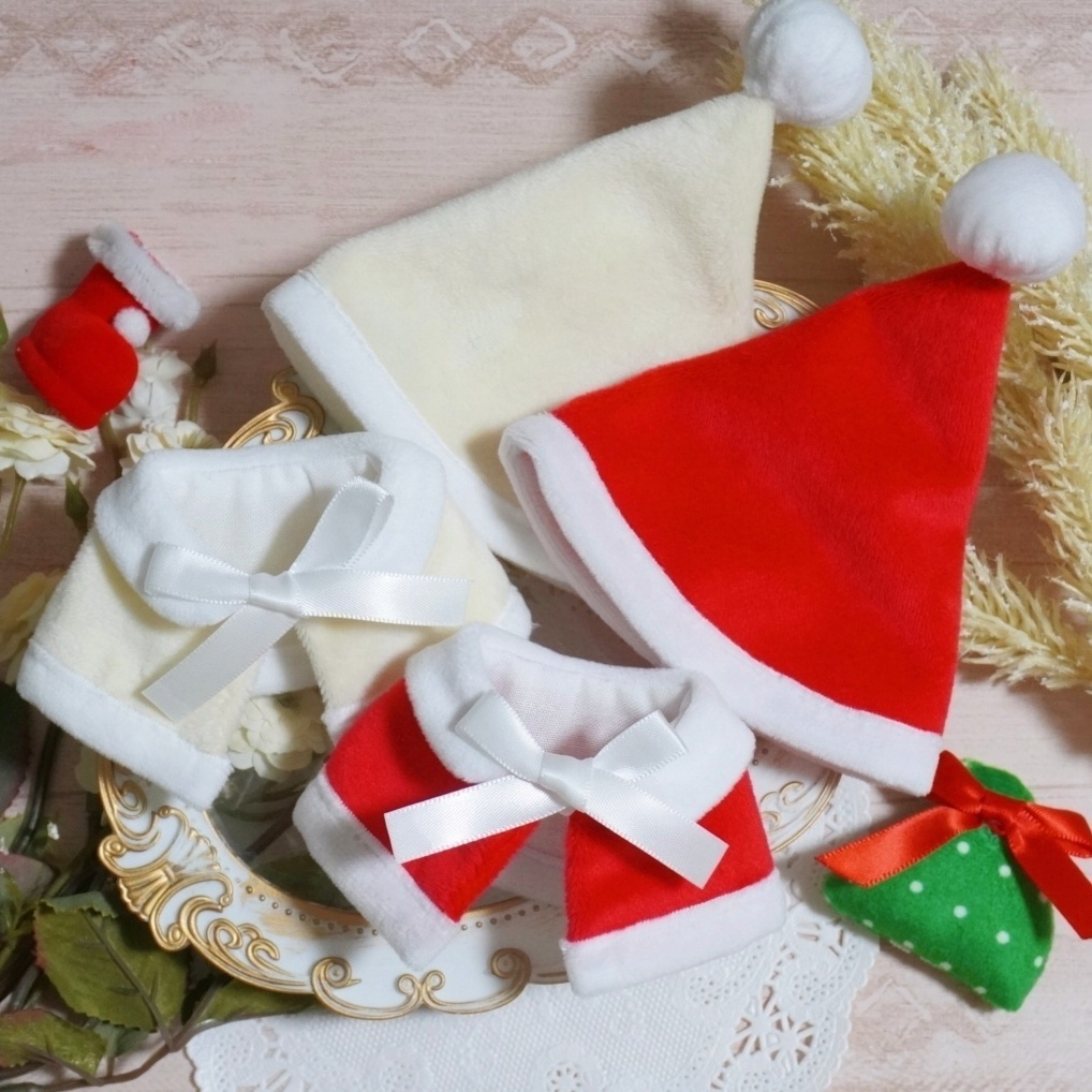10cm〜15cmぬい服【冬限定】クリスマス☆サンタさんのケープ&サンタ帽子セット☆推し色6色展開