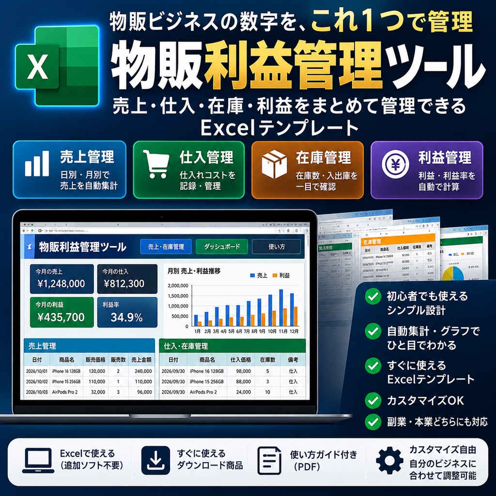 物販利益管理ツール｜売上・仕入・在庫・利益をまとめて管理できるExcelテンプレート