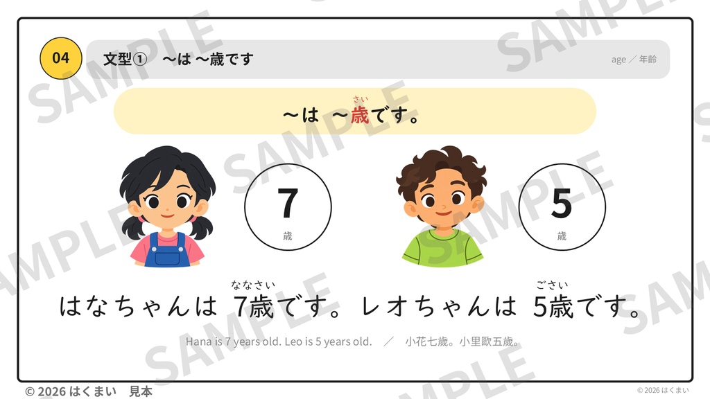 【日本語教師向け】初級 第1課 ③「〜歳です」数字・年齢 授業用スライド 72枚(PowerPoint)