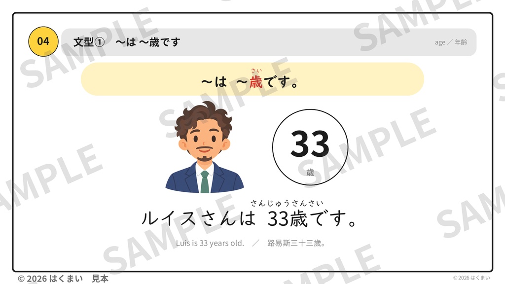 【日本語教師向け】初級 第1課 ③「〜歳です」数字・年齢 授業用スライド 72枚(PowerPoint)