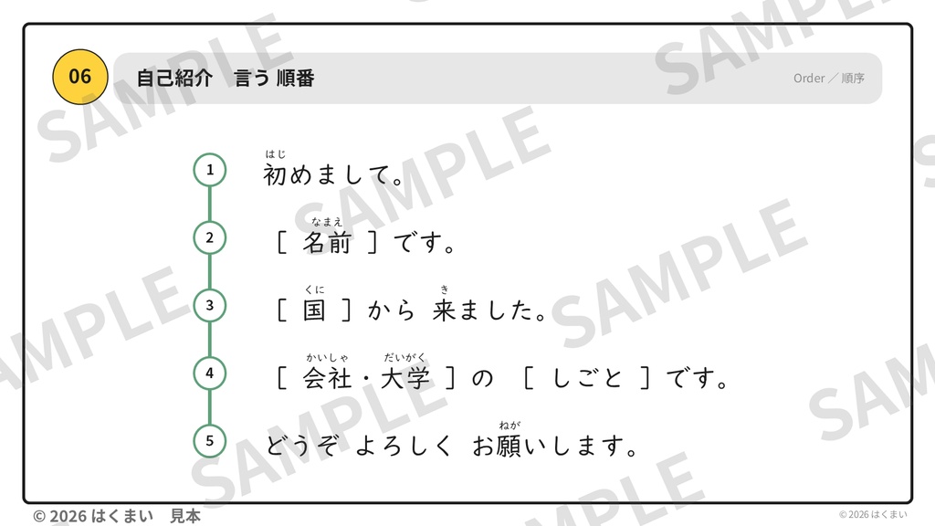 【日本語教師向け】初級 第1課 ④「表現・会話」自己紹介・あいさつ 授業用スライド 61枚(PowerPoint)