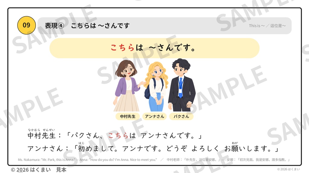 【日本語教師向け】初級 第1課 ④「表現・会話」自己紹介・あいさつ 授業用スライド 61枚(PowerPoint)