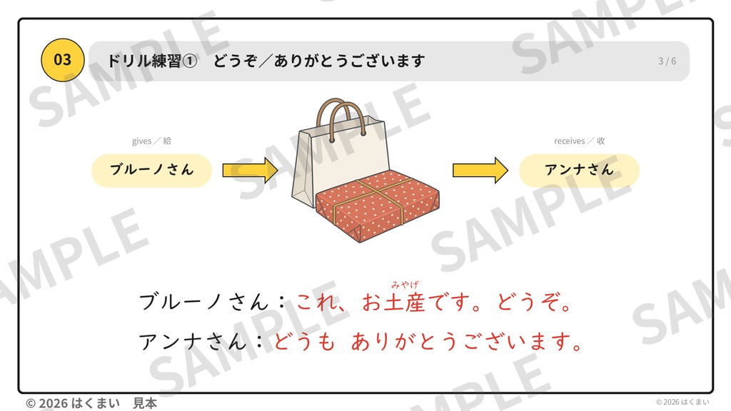 【日本語教師向け】初級 第2課 ④「表現・会話」どうぞ・ありがとう・あいさつ 授業用スライド 50枚(PowerPoint)