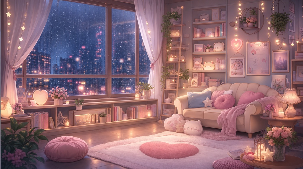 【動く配信背景】雨の日のふんわりお部屋（ループ）｜VTuber・配信者向け背景素材