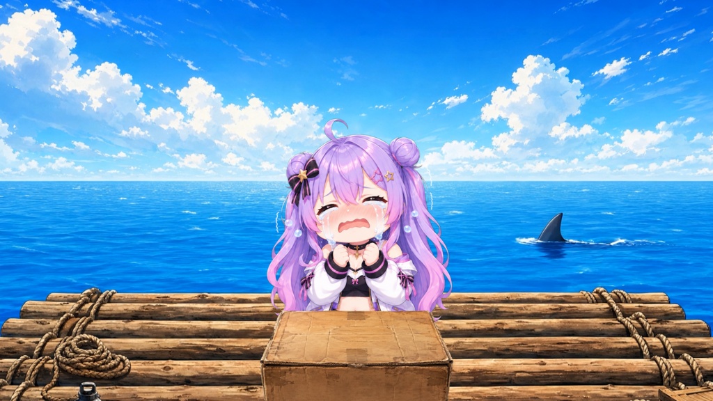 【動く配信背景】漂流するイカダとサメ(ループ)|VTuber・配信者向け背景素材