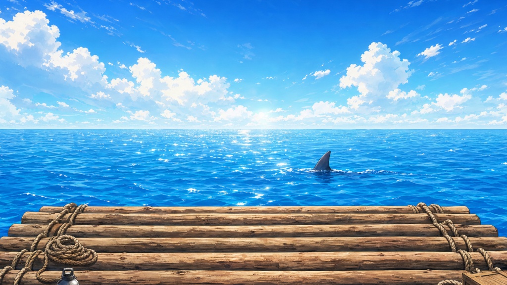 【動く配信背景】漂流するイカダとサメ(ループ)|VTuber・配信者向け背景素材