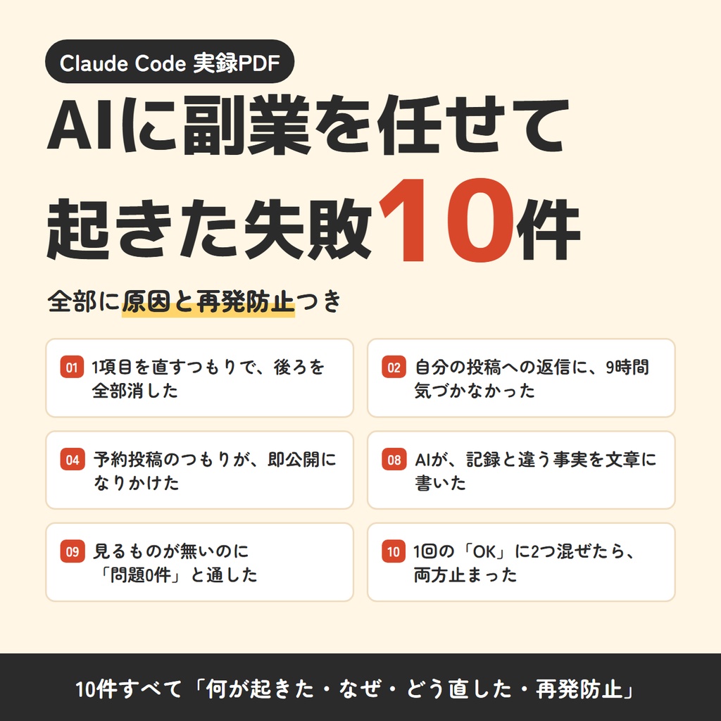 AIに副業を任せて1ヶ月、実際に起きた失敗10件と直し方【Claude Code 実録PDF】