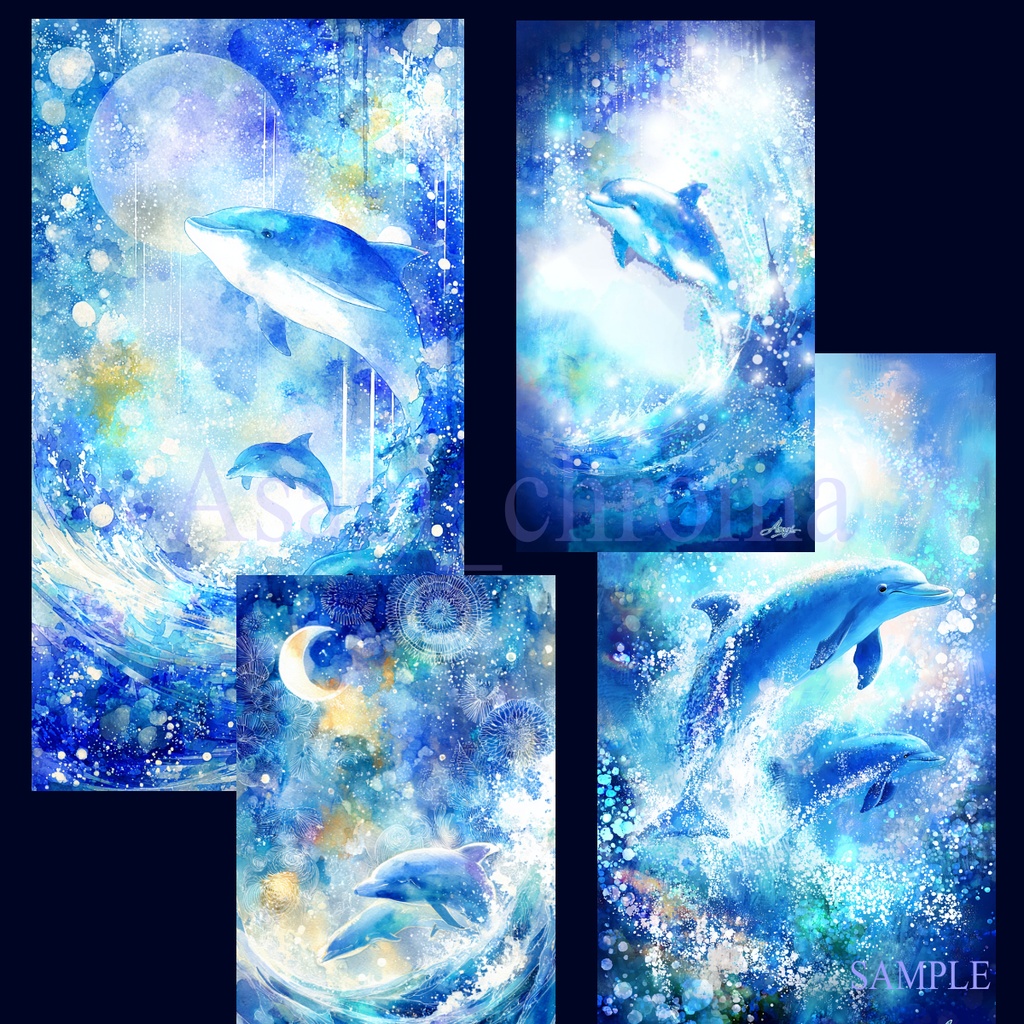 光の海 – イルカ（スマホ壁紙４枚セット_高精細デジタルアート）