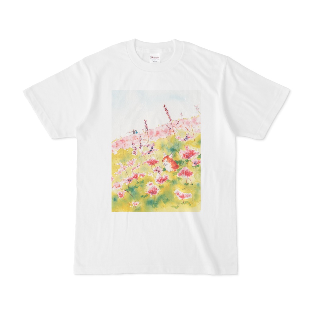 猫とピンクの花Tシャツ(Cat and pink flowers T-shirt)