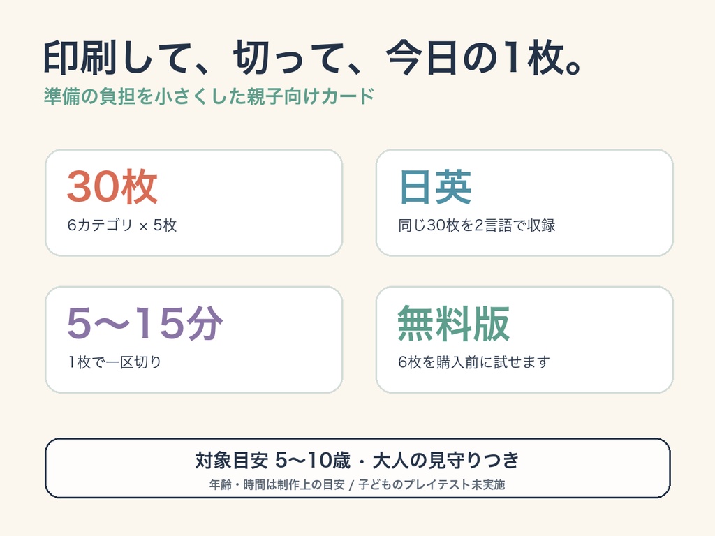 おうちミッションカード30|親子の5〜15分遊び・日英PDF / Home Mission Cards