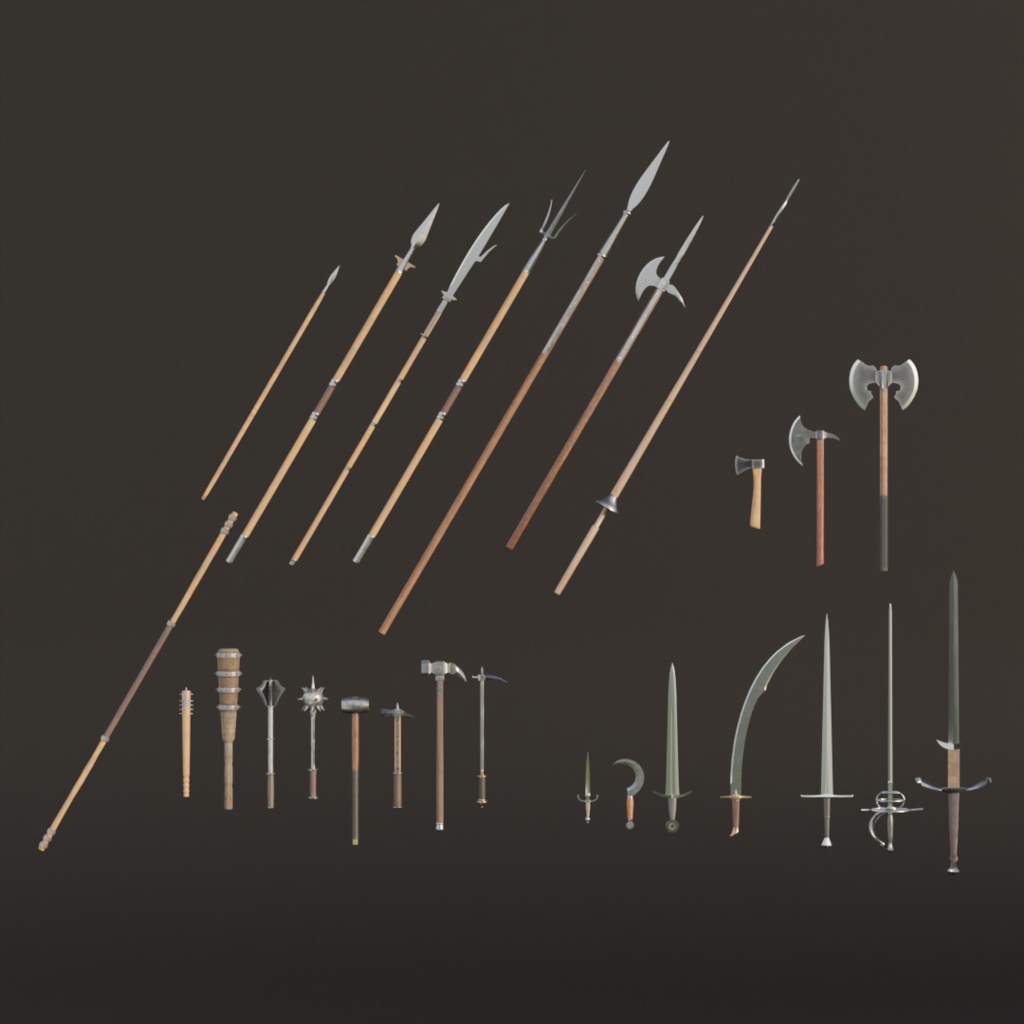 ファンタジーRPG スタンダード近接武器26種セット【3Dモデル】 blenderファイル付き