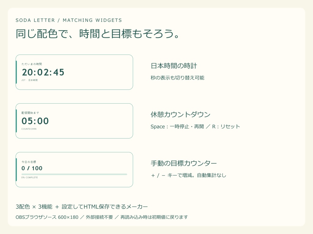 【値下げ・300円】【3配色・42PNG】ソーダレター|横型・縦型の配信画面セット【OBS/文字編集ページ付き】