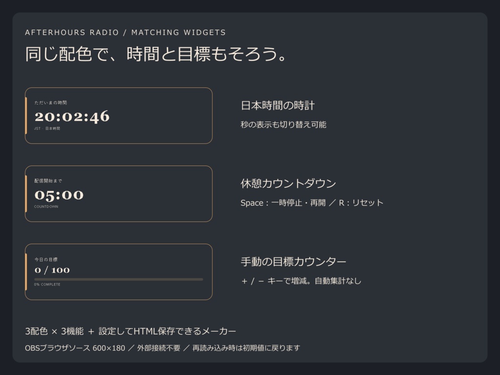 【値下げ・300円】【3配色・42PNG】夜更けラジオ|横型・縦型の配信画面セット【OBS/文字編集ページ付き】