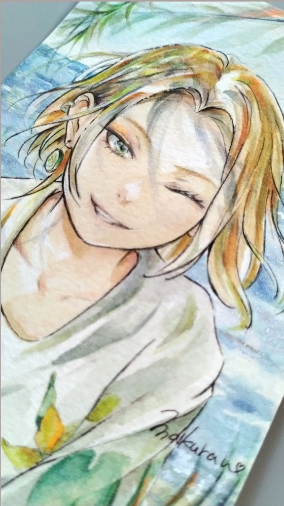 【額付き】爽やか笑顔のお姉さん水彩イラスト原画 (はがきサイズ)